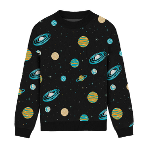 Black relaxed-fit sweater with colorful planets, space-themed