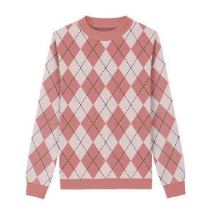 Pink and white argyle sweater with a soft, elegant look for cool weather fashion.