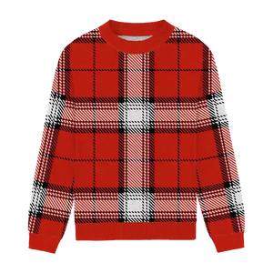 Red plaid relaxed-fit sweater with black and white accents, warm and modern