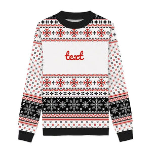 White sweater with black trim, featuring elegant snowflake patterns for a modern festive look.