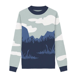 Sweater with a flat design mountain forest scene in grey, navy, blue, and white.
