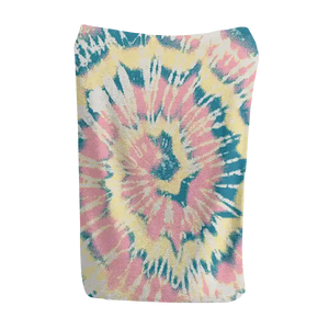 Blue, yellow, pink, and white tie dye blanket with bright colors