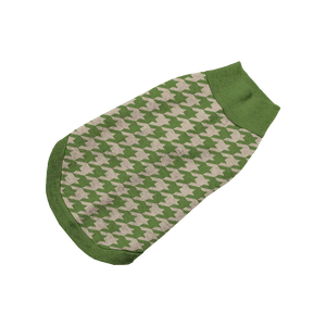 Green pet sweater with cream houndstooth pattern, stylish and trendy