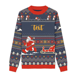 Navy Christmas sweater with Santa Claus sleigh illustration, snowflakes, and holiday elements, customizable
