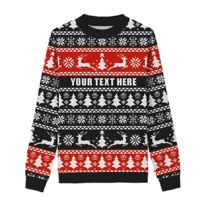 Black Christmas sweater with red snowflakes, reindeer, and Christmas tree patterns, customizable