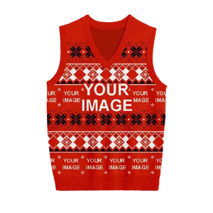Red holiday sweater vest with ribbon and snowflake festive designs