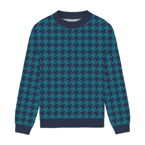 Navy relaxed-fit sweater with bright blue houndstooth pattern, bold and modern
