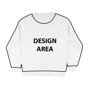 White sweatshirt with black text 'DESIGN AREA' on a white background
