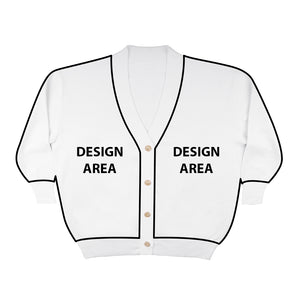 White cardigan with black trim and 'Design Area' text on a white background