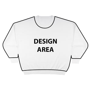White sweater with black text 'DESIGN AREA' on a white background