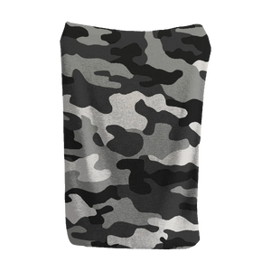 Monochrome camouflage blanket in black, grey, and white tones