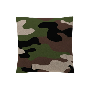 Green, cream, black, and brown camouflage pillow case, rugged and outdoorsy