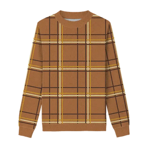 Amber Glow Plaid Knit Sweater. A warm, cozy choice for the colder months.