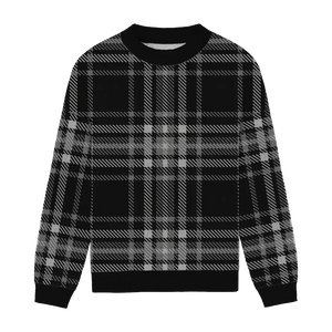 Black plaid relaxed-fit sweater with grey and white accents, timeless and elegant