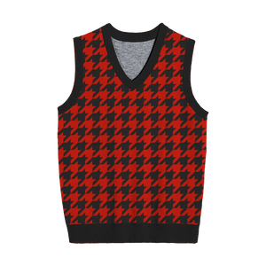 Black knit vest with striking red houndstooth pattern for streetwear looks