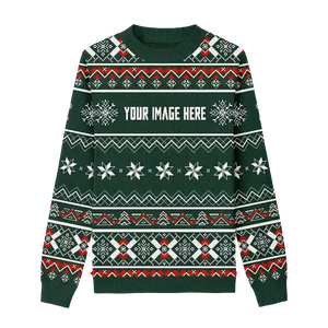 Olive green Christmas sweater with white snowflakes, ribbons, and trees.