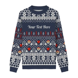 Navy Santa Heart Christmas Sweater. Featuring a navy blue base, this sweater highlights classic holiday patterns.