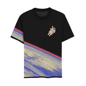 Black t-shirt with astronaut drifting above Earth, bold and space-themed