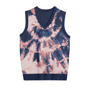 Navy, brown, and white tie dye knit vest with warm earthy tones