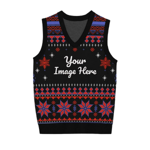 Black Christmas knit vest with neon snowflake design, customizable
