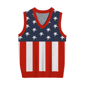 Red, white, and blue American flag knit vest for patriotic fashion