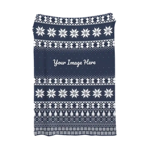 Navy Christmas blanket with white snowflakes and ribbon lines