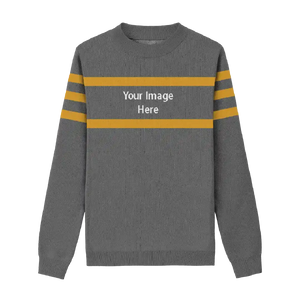 Grey sweater with bold yellow chest and arm stripes for a versatile collegiate look.