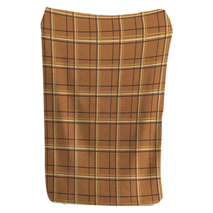 Orange-brown plaid blanket with golden yellow accents