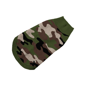 Green, cream, black, and brown camouflage pet sweater, rugged and stylish