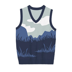 Knit vest with blue forest mountain scene in flat graphic design