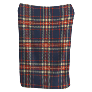 Navy plaid blanket with red and yellow check patterns