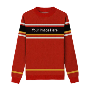 Red sweater with black stripes and white/yellow accents, customizable for school spirit.