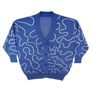 Blue cardigan with white abstract patterns on a white background