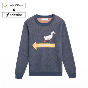 Front of Navy Run, Don't Waddle Sweater from Knitwise