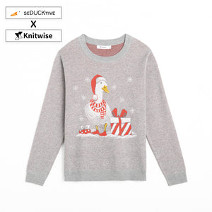 Front of Grey Duck the Halls Sweater from Knitwise