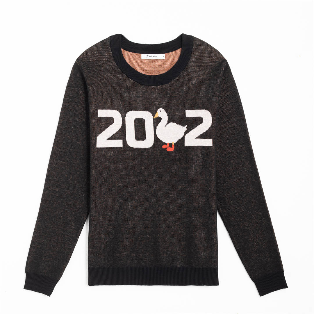 {Front of Silly Goose, it's 2022 Sweater from Knitwise}