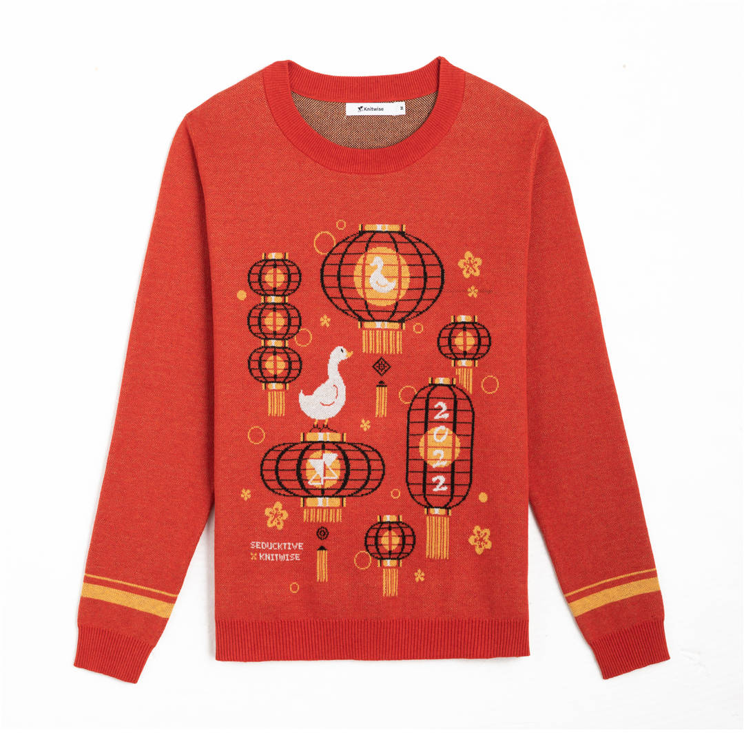 {Front of Wrinkle's Lantern Festival Sweater from Knitwise}
